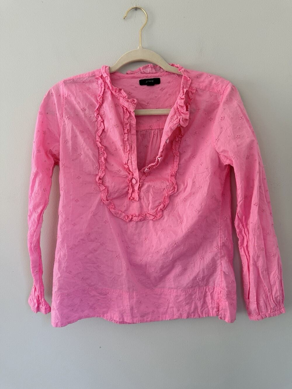 J. Crew Women’s Top Long Sleeve Ruffle Shirt Blouse Floral Eyelet Size XS Pink